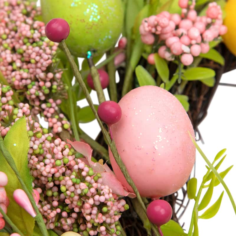 Glittered Eggs, Hibiscus and Berries Artificial Easter Twig Wreath - 20" - Pink and Green