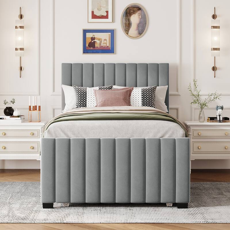 Velvet Bed Frame Platform Bed with Trundle-Twin Size, Grey - Grey - Twin