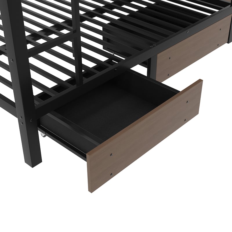 Full/Twin Metal Bunk Bed with Storage Shelves & USB Ports