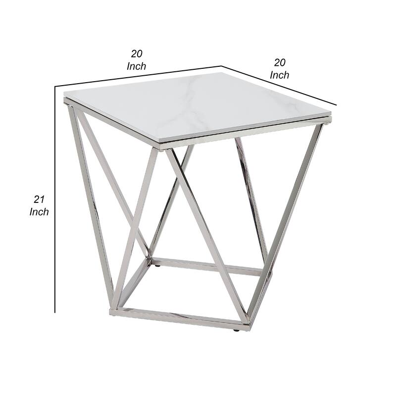 Allie End Table, White Sintered Stone, Silver Stainless Steel 21 Inch
