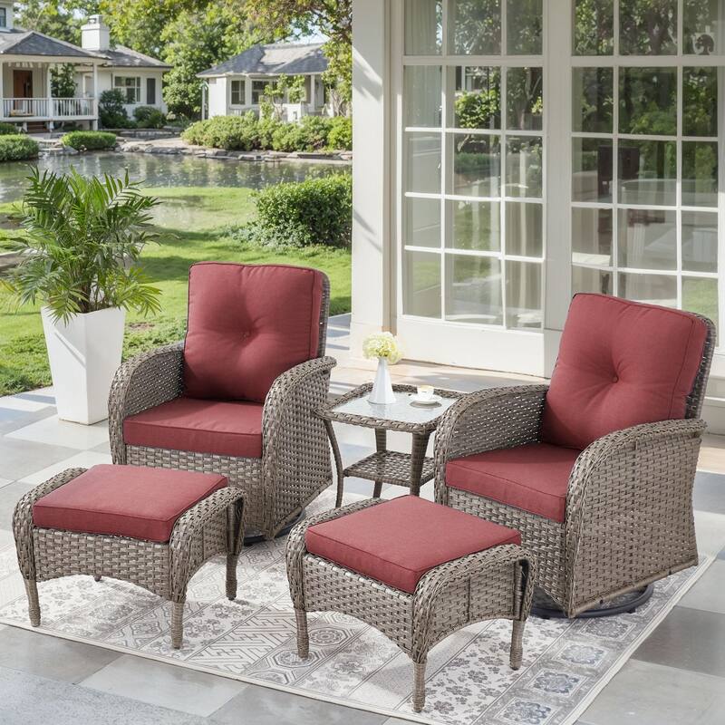 Outdoor Swivel Chairs with Side Table and Ottomans - Red - Grey