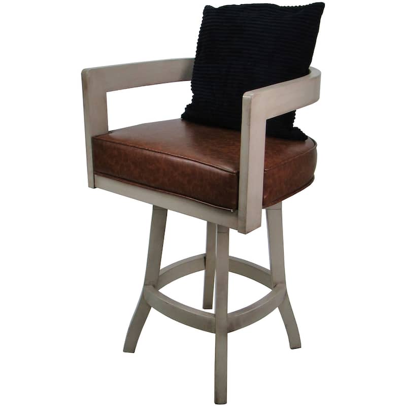 Swivel Wood Counter Bar or Extra Tall Stool - Kadir on S-Base - N/A - Marble Brown Vinyl - Black Pillow - Beige - Counter Height - 23-28 in.