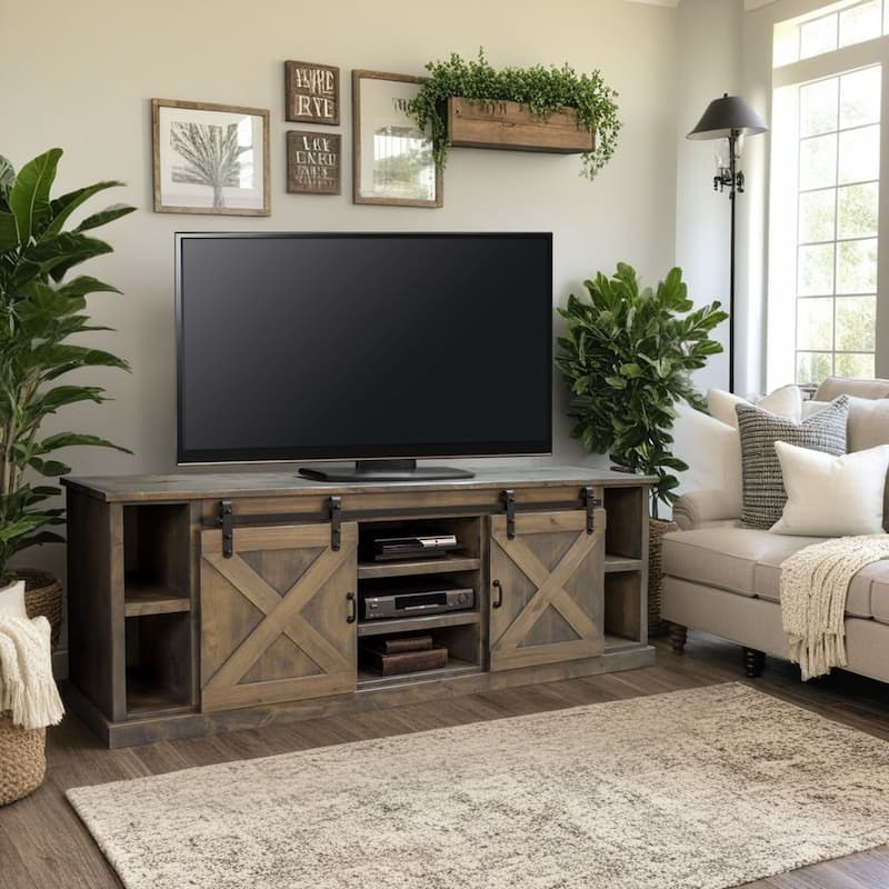 Bridgevine Home Farmhouse 85 inch TV Stand Console for TVs up to 95 inches, No Assembly Required, Barnwood Finish