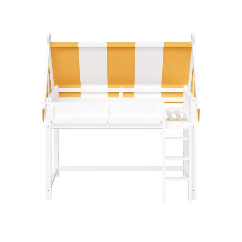 Full/Twin Size Loft Bed with Canopy, LED Lights & Bookshelf, Elevated Bed with Storage