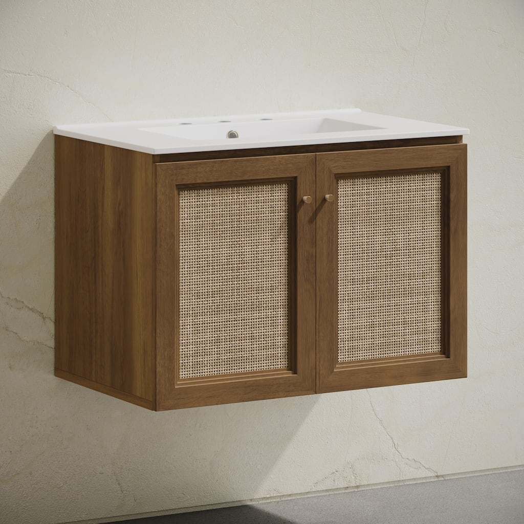Classe 30" Wall-Mounted Bathroom Vanity In Brown Oak With Widespread Faucet Holes Vanity Top - 30