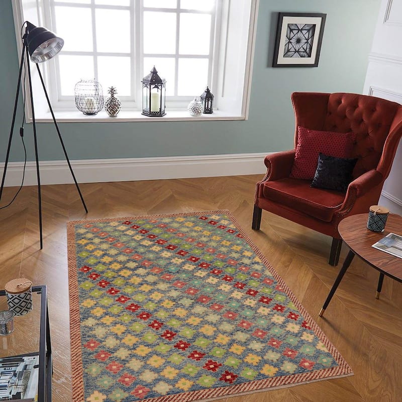 Contemporary Balochi Spears Blue/Red Hand Knotted Wool Rug - 4'1'' x 6'0''