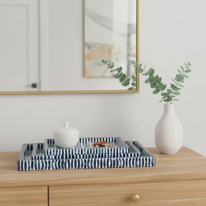Blue/White 13/18/24 in. Trays with Inlay Pieces (Set of 3) - 24.0" - 24.0" - Blue/ White