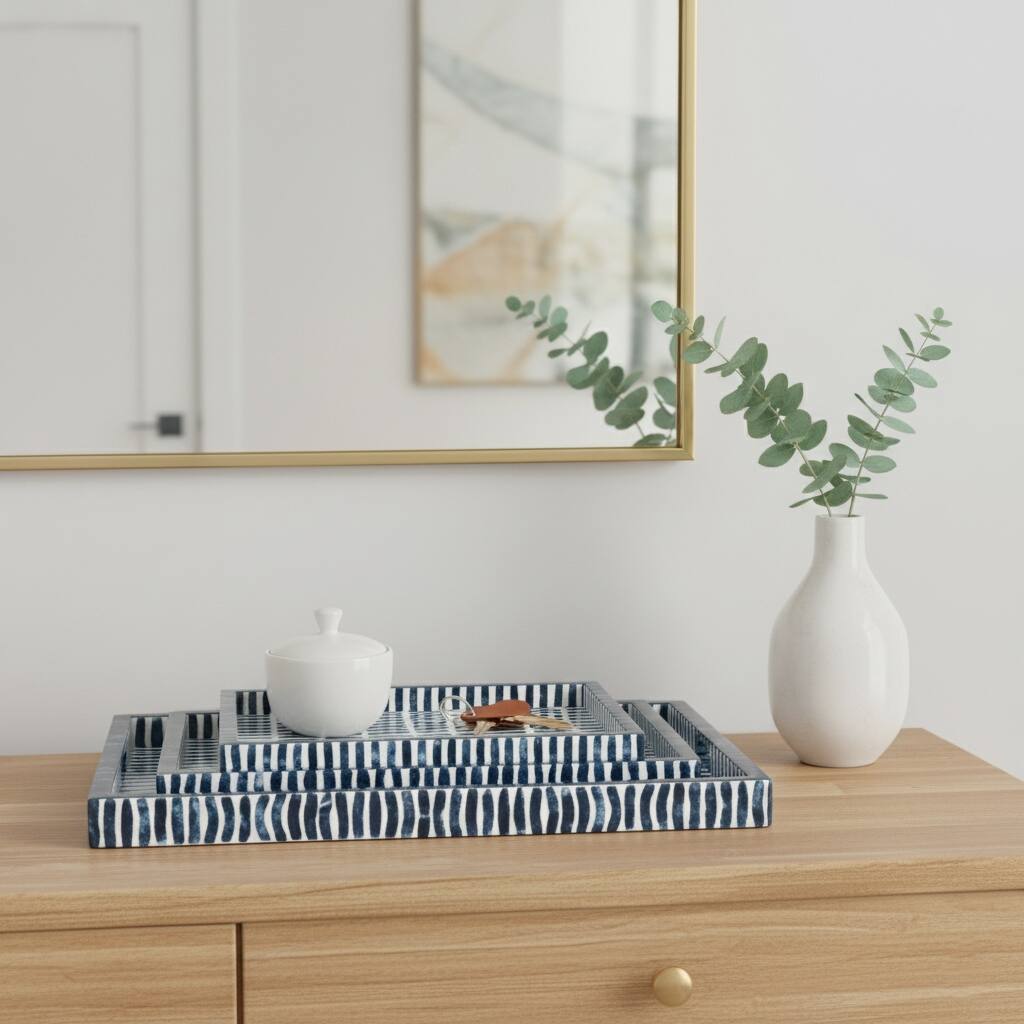 Blue/White 13/18/24 in. Trays with Inlay Pieces (Set of 3) - 24.0"