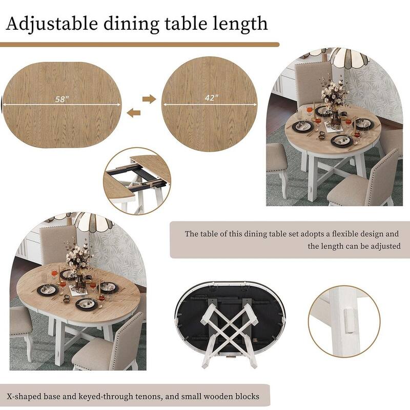 Wooden Round Drop Leaf Extendable Dining Table Set with 4 Upholstered Chairs