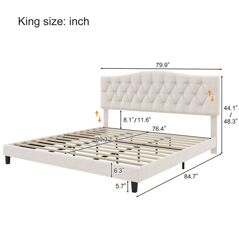 Upholstered Platform Bed Frame with Diamond Tufted Headboard,Beige
