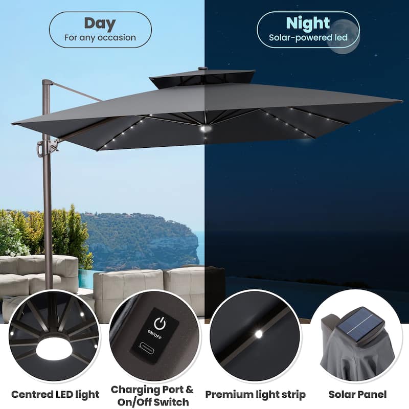 11 FT Outdoor Solar-Powered LED Light Aluminum Double Top Patio Cantilever Umbrella with Fillable Base