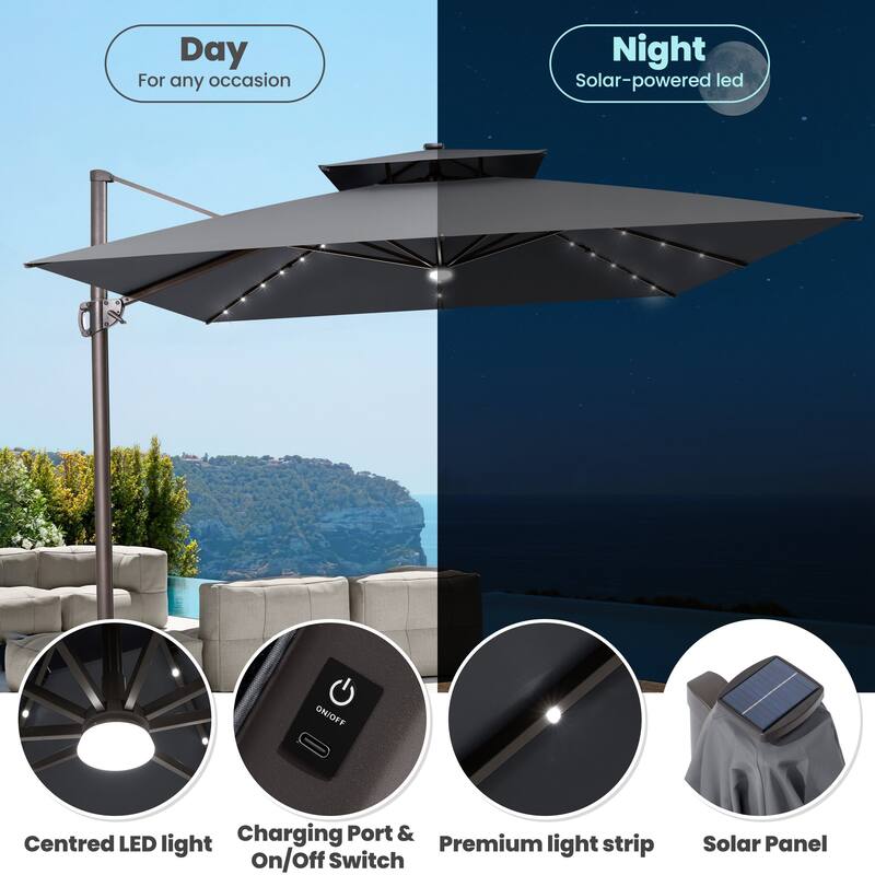 11 ft Solar Powered LED Aluminum Patio Cantilever Umbrella 360-degree Rotation with Weights Base