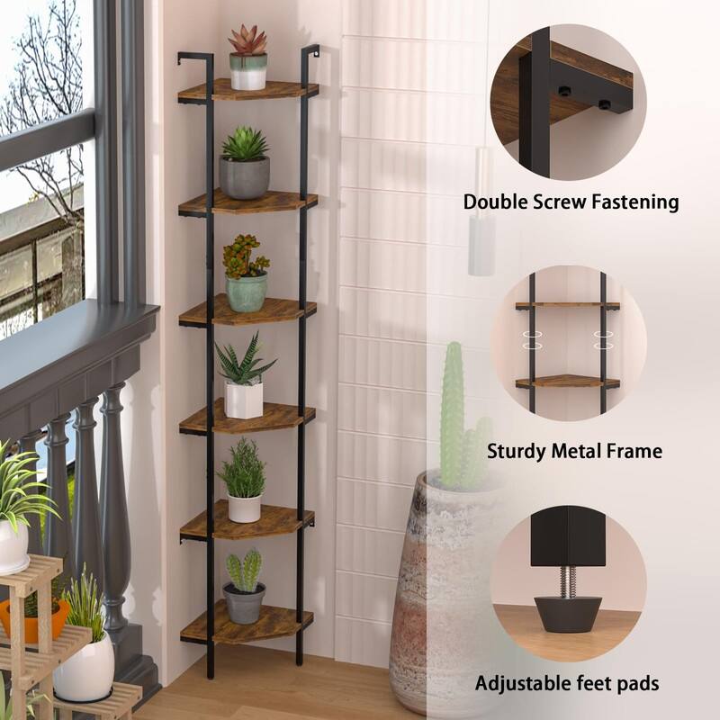 Rustic Brown Wall Mounted Corner Shelf - 11.81"D x 11.81"W x 70"H