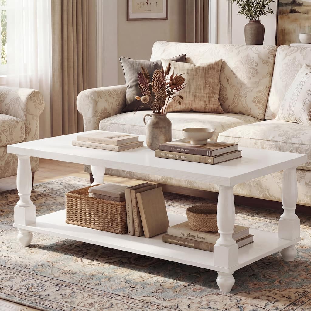 Farmhouse Coffee Table with Storage Shelf, French Country Living Room Table