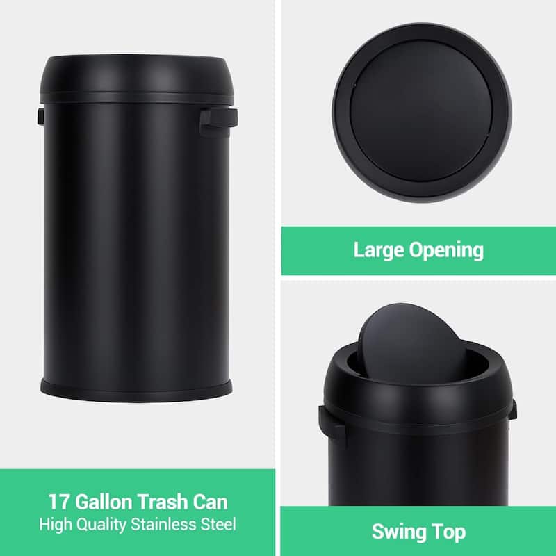 65L/17Gal Open Top Trash Can, Heavy Duty Stainless Steel Rubbish Bin