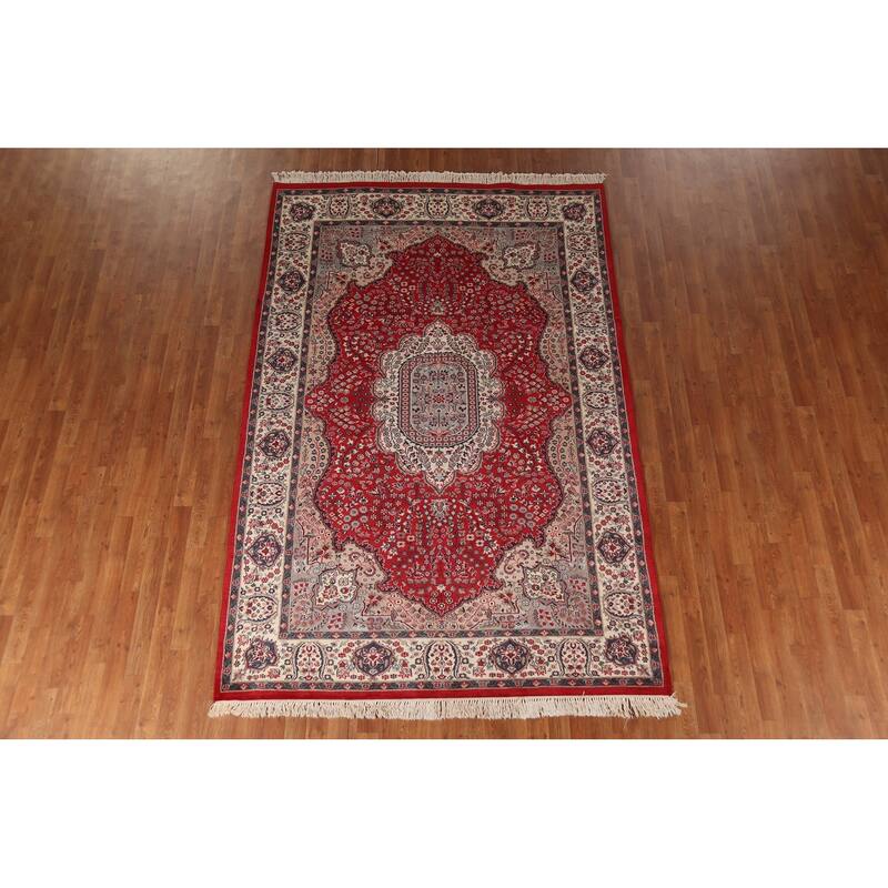 Floral Red Kashan Indian Area Rug Handmade Wool Carpet - 6'1"x 9'4"