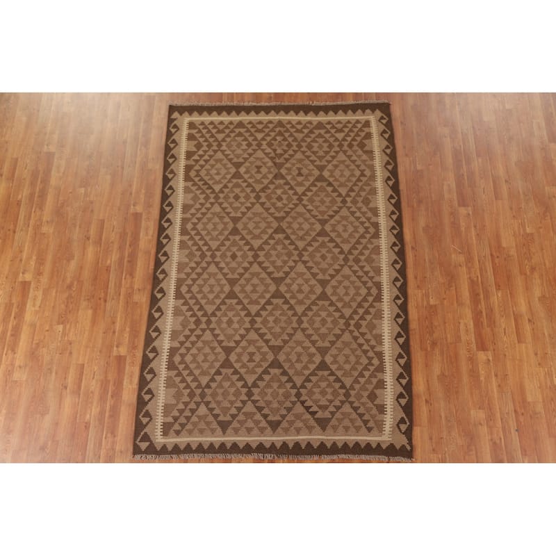 Brown Kilim Oriental Area Rug Flat-weave Wool Living Room Carpet - 5'6" x 8'1"