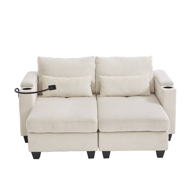 63" Corduroy Convertible Chaise Lounge with USB Ports, Phone Holder, and Storage