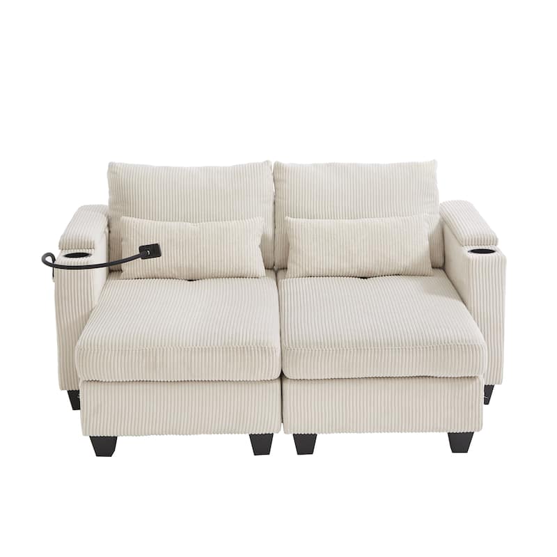 Convertible Chaise Lounge 63" Loveseat Sofa Sofa Bed Corduroy Sleeper Sofa with USB Ports, Two Cup Holders