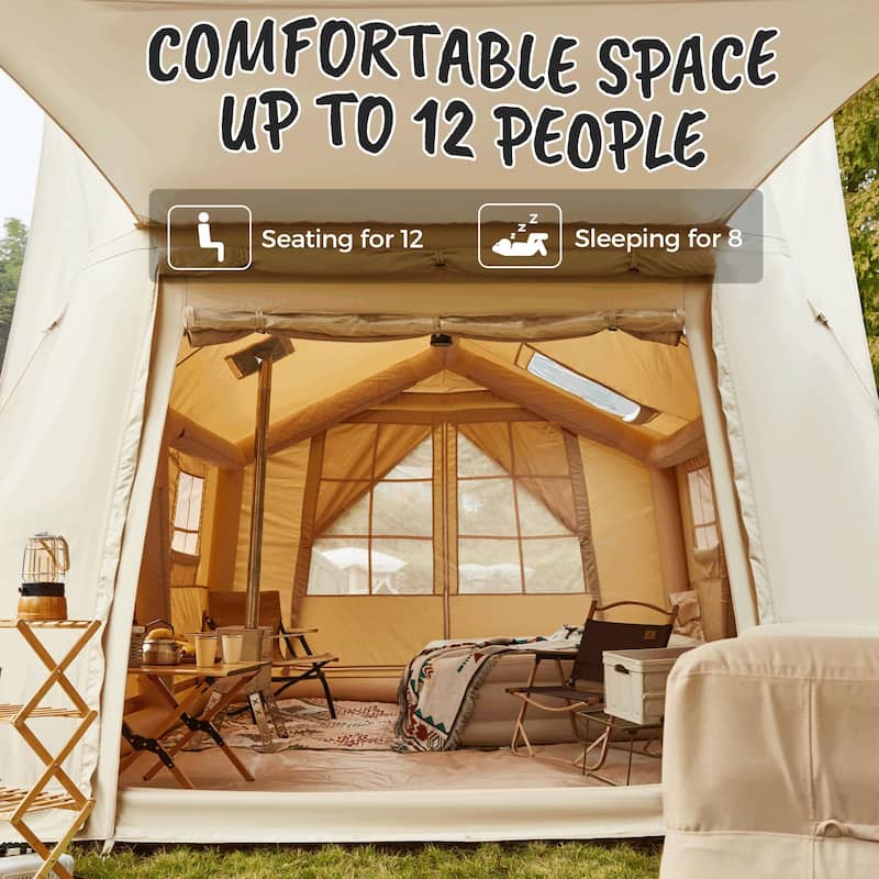 Inflatable Camping Tent for 8-12 People, with Skylights, Chimney Window, and UV-Resistant, Easy Setup for Outdoors