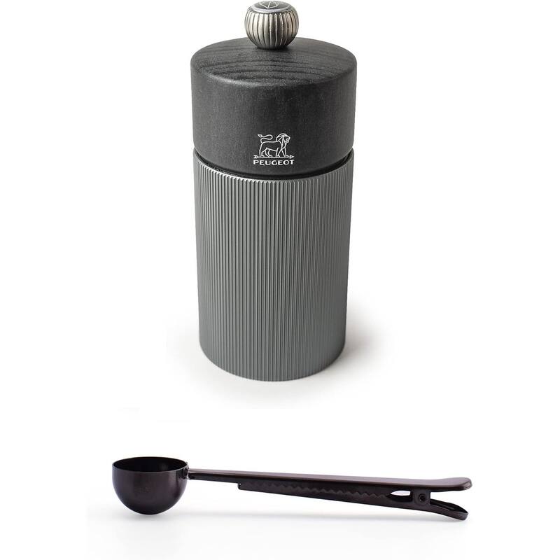 Peugeot Line Manual Salt Mill Carbon Graphite Aluminum, 12 cm - 4.75" With Stainless Steel Spice Scoop/Bag Clip - Grey - 2 Piece