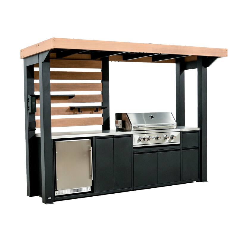 Backyard Discovery Fusion Flame Outdoor Kitchen, Grill, Refrigerator - 10'5" x 4'0" - Propane Gas - Black