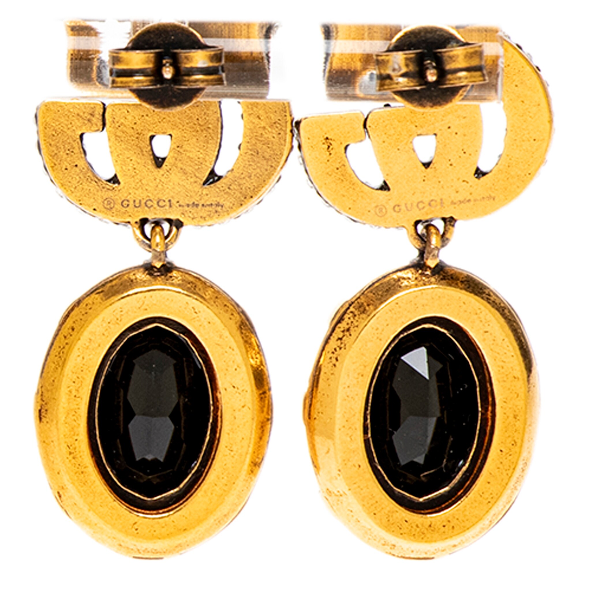 Gucci GG Marmont Crystal Earrings - Black and Antique Gold - Bed