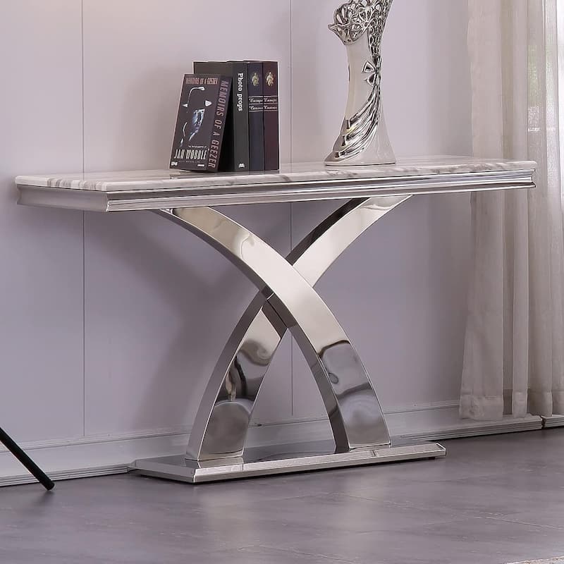 50 inch Rectangle Console Table with Luxurious Stainless Steel X Base and High Gloss Top - Silver