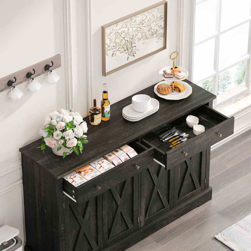 Coffee Bar Cabinet with Sliding Barn Doors, Buffet Cabinet with 2 Drawers, Storage Cabinet with Adjustable Shelves