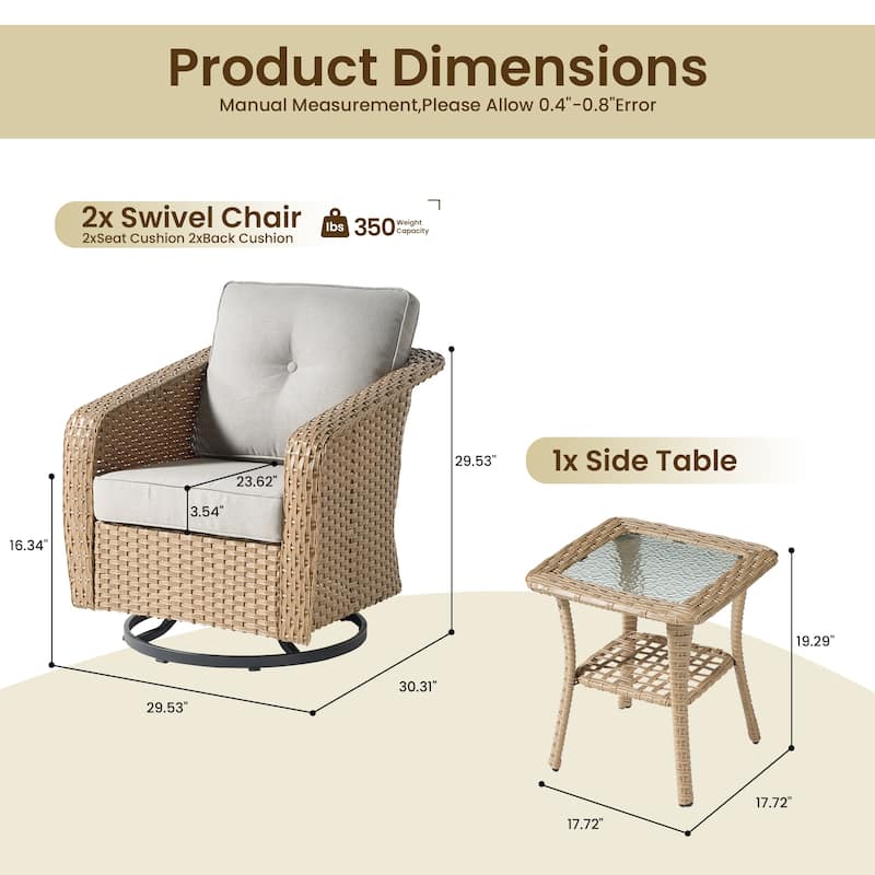 OVIOS Outdoor Wicker Swivel Chair 3-Piece Set (with Side Table)