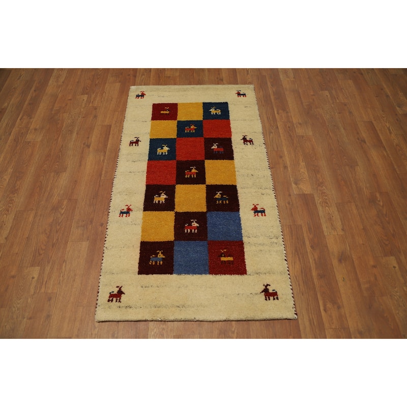 Hand Knotted Oriental 100% Wool Carpet Tribal Animal Pictorial Multi-Colored Gabbeh Area Rug - 4' 1'' X 2' 3''
