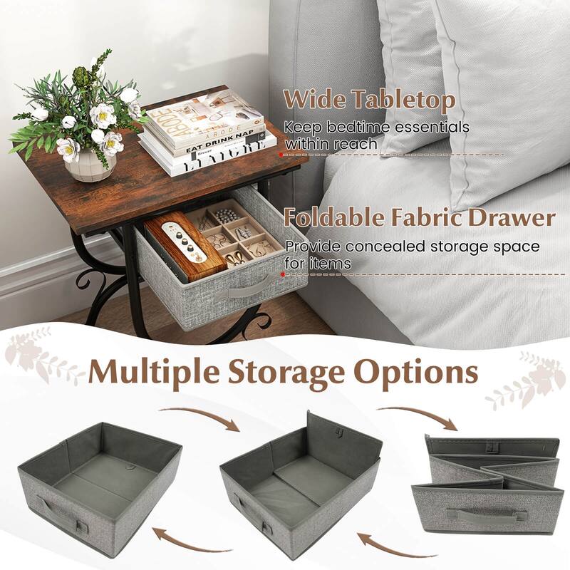 Costway 1/2 PCS Side Table with Fabric Drawer Carved Metal Frame