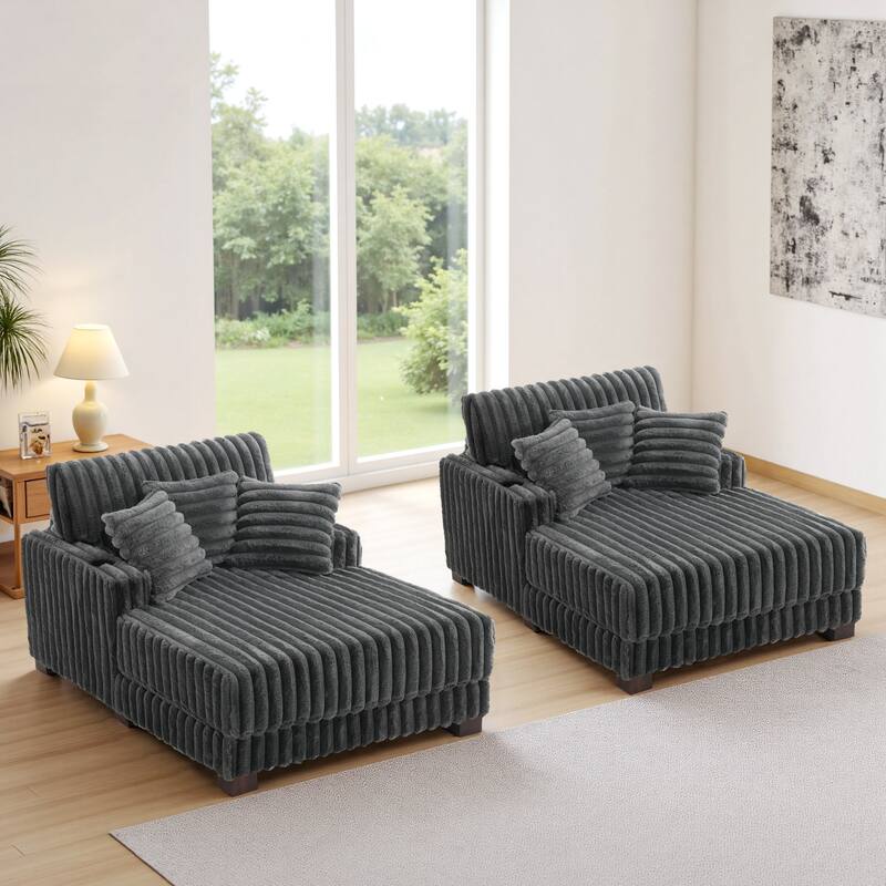 2 Set Modern Plush Sofa Chaise with Pillows and Cup Holder - Dark Grey