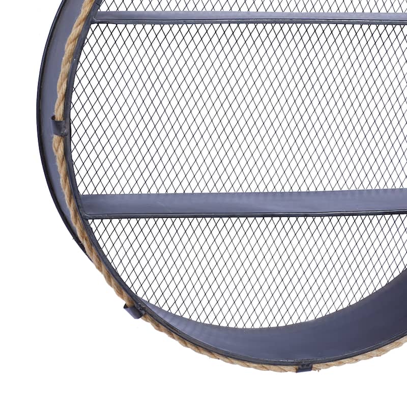 Metal Round 2 Shelves Wall Shelf with Hanging Rope - Black - Roche River Decor - 6"W x 24"L x 24"H