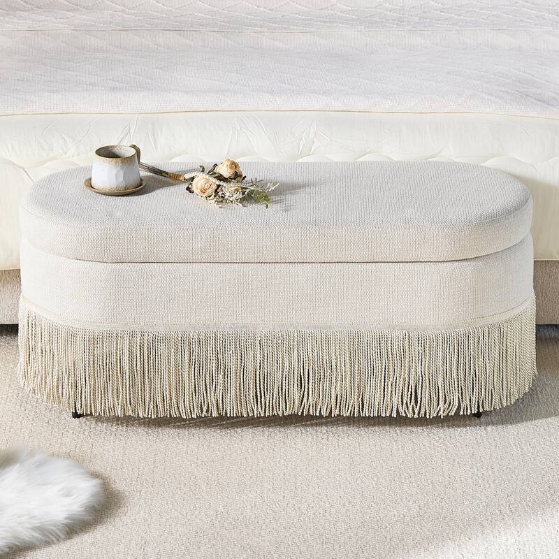 Oval Upholstered Storage Ottoman with Fringe Trim & Lift-Top Lid - 39"L x 16"W x 17"H,Multi-Functional Footrest & Hidden Storage