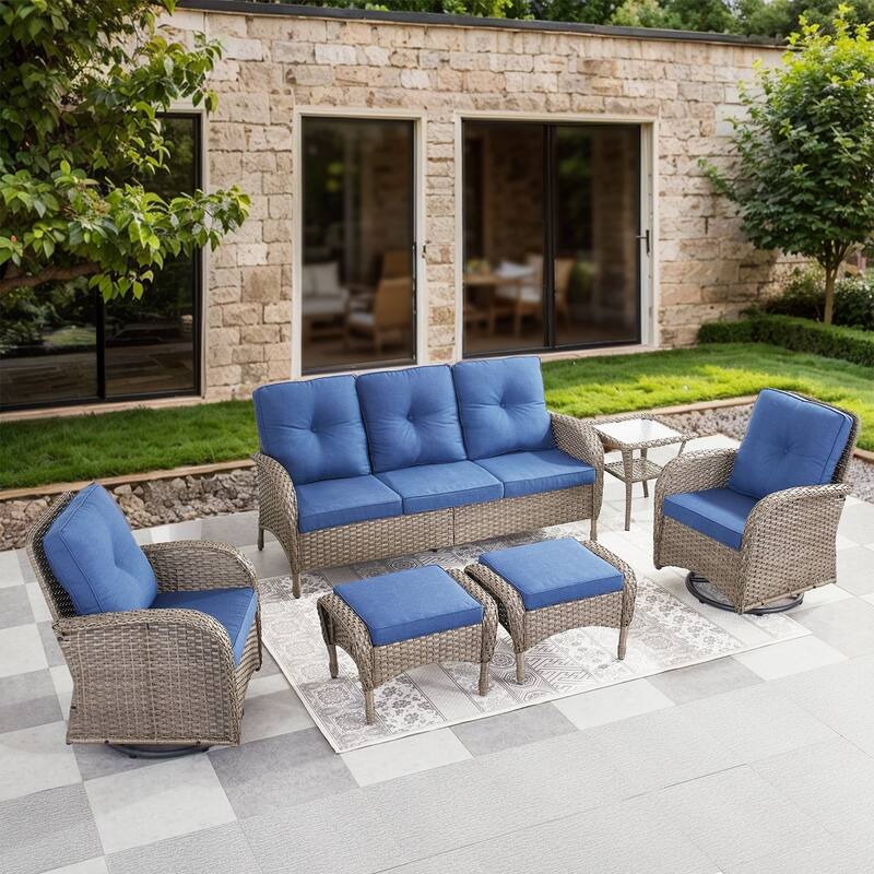 Gymojoy 6-Piece Outdoor Wicker Patio Furniture with 3 Seat Sofa & Swivel Chair, Coversation Set with Water Resistant Cushions - Grey Wicker / Blue Cusion - 6-Piece