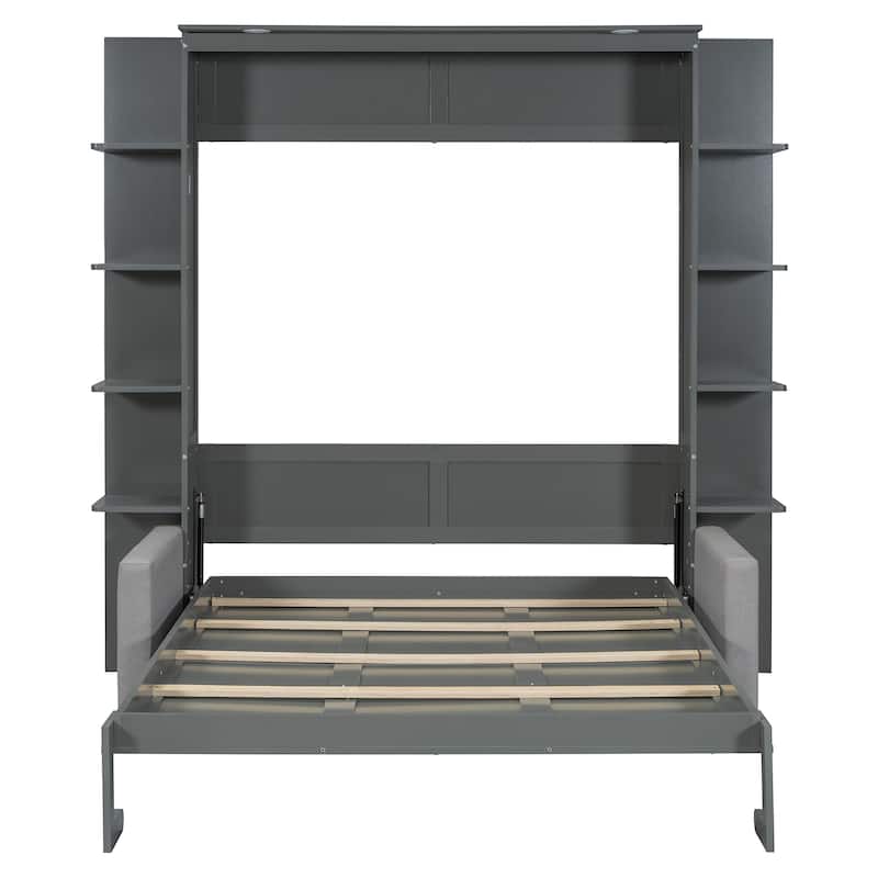 Queen Size Wooden Murphy Bed Wall Bed with Sofa and Storage Shelves