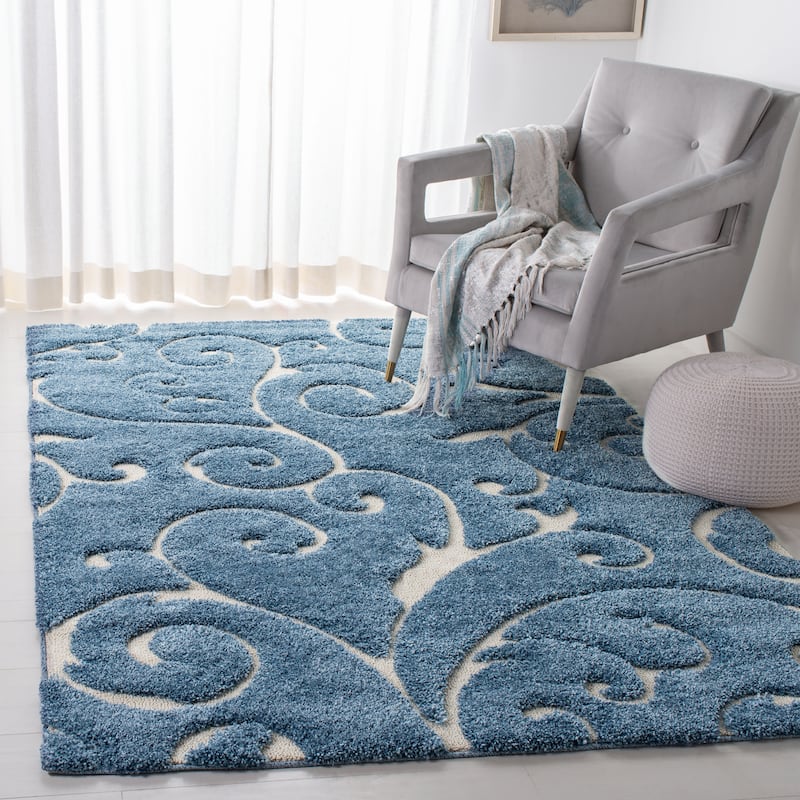 SAFAVIEH Florida Shag Shahin Scroll 1.2-inch Thick Textured Rug - 4'  x  6' - Light Blue/Cream - Rectangle