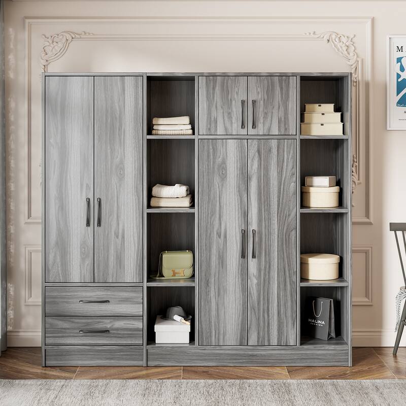 Storage Wardrobe Armoire Bedroom Storage Cabinet with Open Storage Space 67.10 Inch Wooden Wardrobe Closet with Drawers - Grey