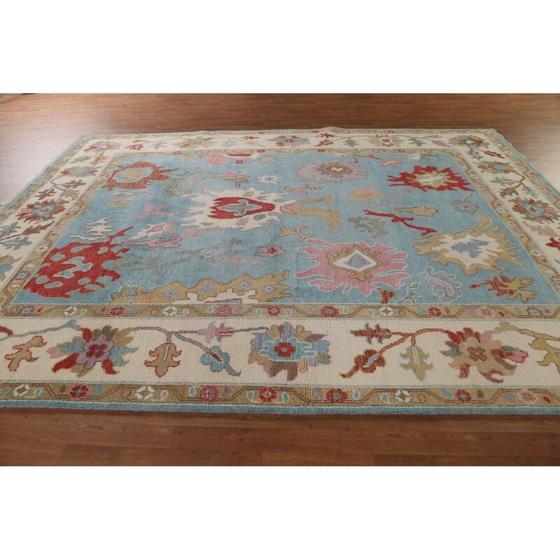 Light Blue Oushak Oriental Area Rug Handmade Floral Wool Carpet - 9'0"x 11'10"
