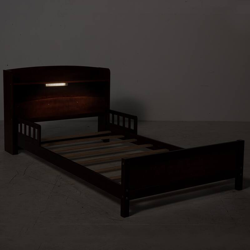 Full Size Platform Bed with LED Motion Sensor Light, Bookcase, And Adjustable Guardrails