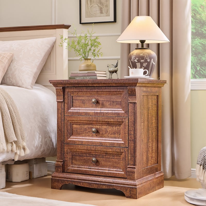 Farmhouse 3 Drawers Nightstand with Charging Station, Rustic End Table - Brown