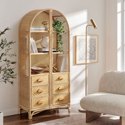 Jane 71 Inch Tall Arched Natural Rattan Bookshelf