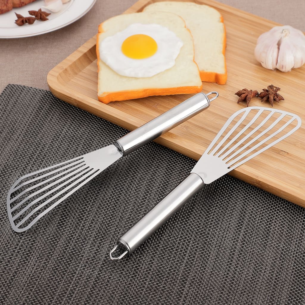 Stainless Steel Slotted Kitchen Spatula Barbecue Turner Shovel Silver Tone 4 Pcs