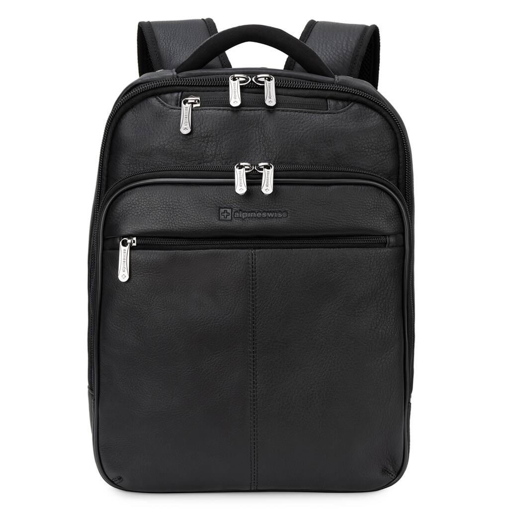 Alpine Swiss Olsen 13” Laptop Travel Backpack Genuine Leather Slim Business Travel Carry On Daypack - Black - One Size