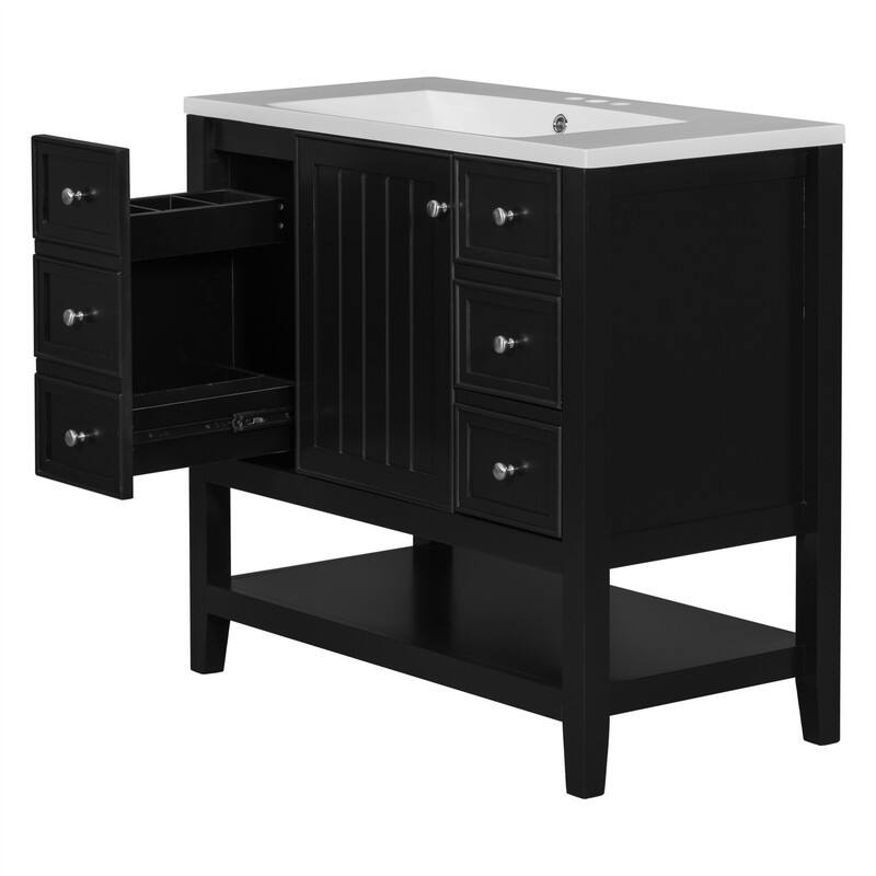 36" Bathroom Vanity with Ceramic Sink，Freestanding Bathroom Vanity Cabinet with 1 Door, 3 Storage Drawers and Adjustable Shelf
