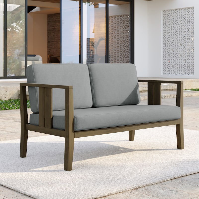 Casual Teak Wood Outdoor Patio Loveseat with Cushions - Natural Wood - Grey