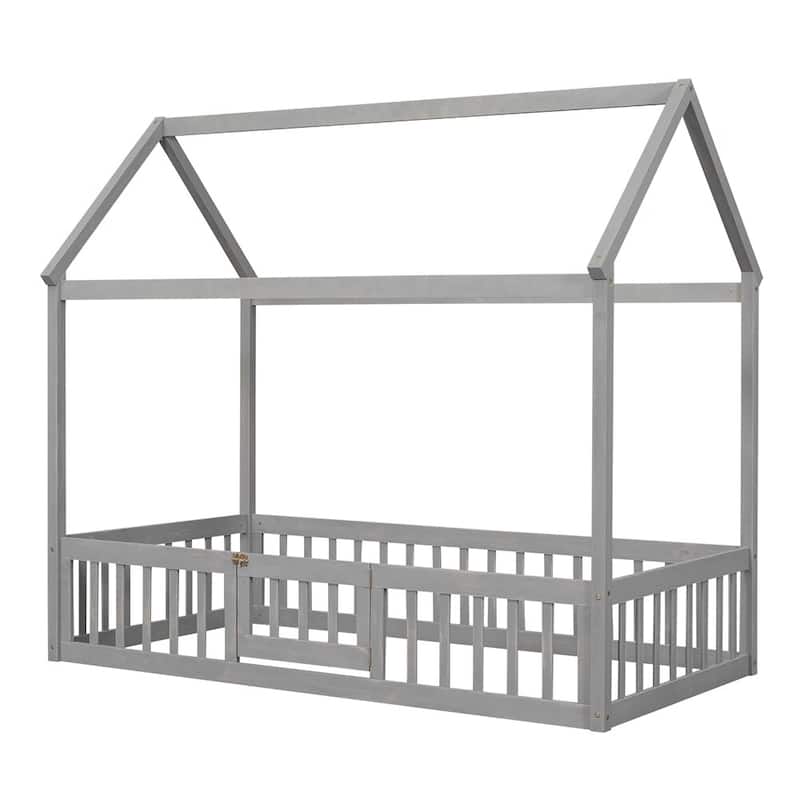 Merax Wood House Bed with Fence and Door
