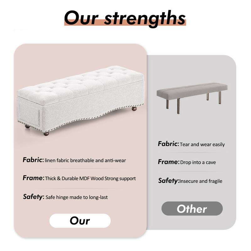 48.5" Tufted Storage Ottoman Bench with Nailhead Trims & 2 Large Side Pockets for Bedroom, Living Room, Entryway