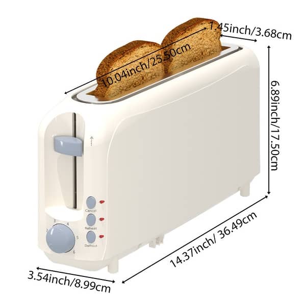 dimension image slide 4 of 6, 2-Slice Slim Toaster: 10" Slot, 6 Shades, Cancel/Reheat/Defrost, Removable Tray, Auto Shut-Off.